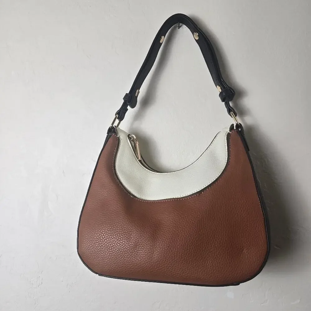 Anne Klein Two Tone Hobo Bag Brown Cream Black Faux Leather Chic Shoulder Purse